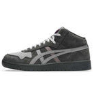 The Japan Pro MT Asics Graphite Gray Cay Red 1203B088 021 Suede Skateboarding Shoes feature a grey and dark grey suede upper, white laces, black sole, and lighter grey Asics stripes. Side profile photographed on a white background.
