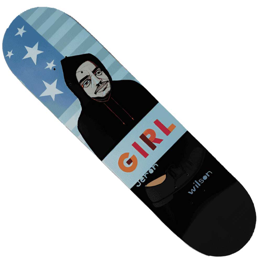 The Jeron Wilson 7.5x32 Girl Skateboards Deck features an illustrated figure in a black hoodie on a blue stars-and-stripes background, with bold, colorful "GIRL" lettering inspired by Jeron Wilson.
