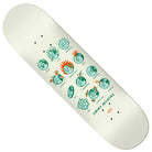 The Jimmy How Are You 8.5 Deck from Real Skateboards features a white background adorned with green cartoon faces, each expressing a different emotion or activity—such as “happy,” “angry,” and “on fire”—playfully referencing the “Jimmy How Are You” theme. The name “JIMMY WILKINS” is printed at the bottom.