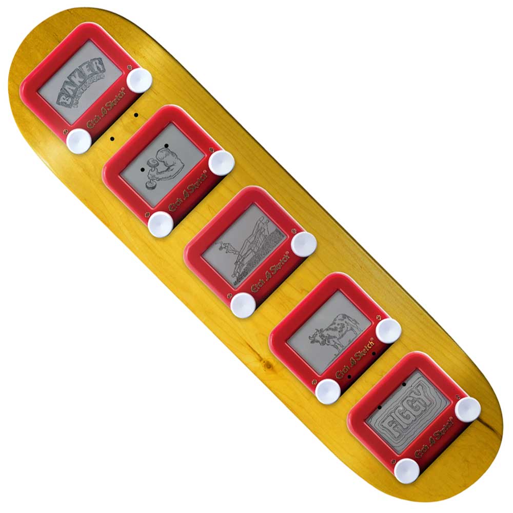 A Justin Figgy Figueroa 8.25x31.87 Head On Collision Baker Skateboard Deck with five red Etch A Sketch toys attached, each showing unique drawings like a crown, giraffe, and the word FIGHT; ideal for skateboard fans.