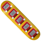 A Justin Figgy Figueroa 8.25x31.87 Head On Collision Baker Skateboard Deck with five red Etch A Sketch toys attached, each showing unique drawings like a crown, giraffe, and the word FIGHT; ideal for skateboard fans.