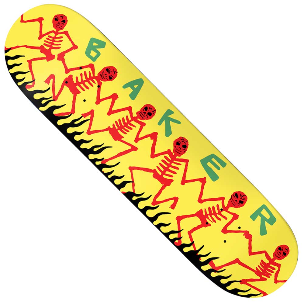 The Justin Figgy Figueroa 8.5x32.2 Dancing Skellies Baker Skateboard Deck features red skeletons over black flames on a yellow deck, with bold green BAKER text—a standout addition to any skateboard collection.