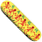 The Justin Figgy Figueroa 8.5x32.2 Dancing Skellies Baker Skateboard Deck features red skeletons over black flames on a yellow deck, with bold green BAKER text—a standout addition to any skateboard collection.