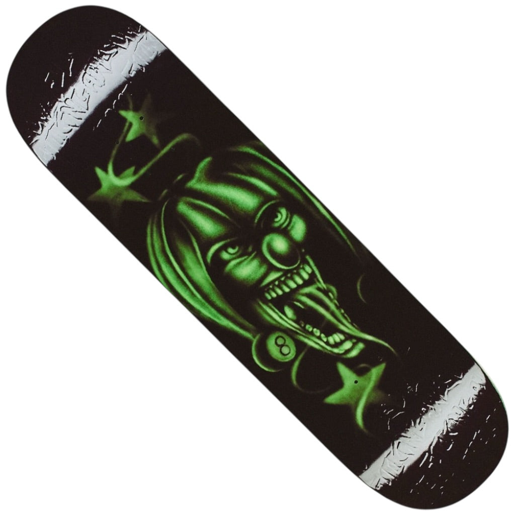 The Joker KB Kevin Bradley 8.38x31.875 FA Deck showcases a bold neon green clown face with exaggerated features, a long tongue, and stars around it—an eye-catching Fucking Awesome skateboard deck.