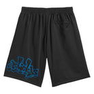 KC6308 Kogan Shorts by Adidas Skateboarding feature black mesh fabric, an elastic waistband, a back pocket, and a blue graffiti graphic—perfect skate style for adidas Originals fans.