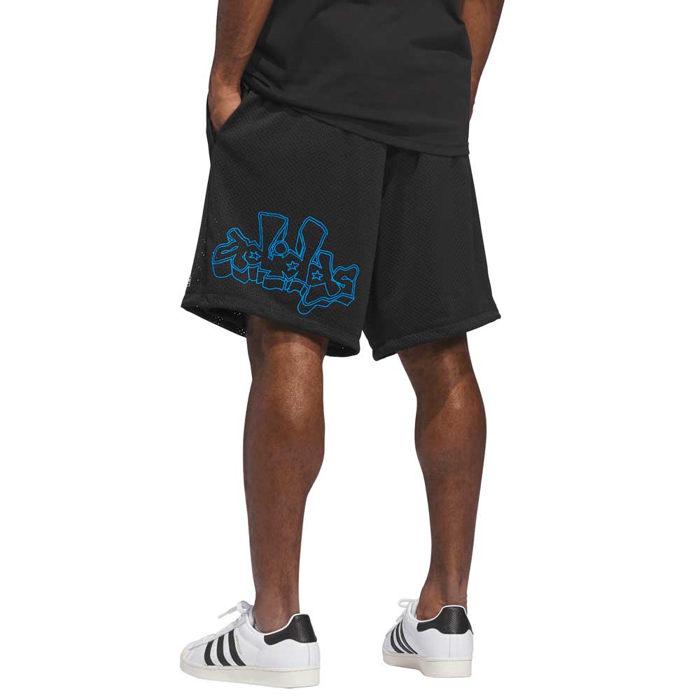 A person wearing KC6308 Kogan Shorts Blue Black Adidas Skateboarding, a black shirt, and white Adidas sneakers with black stripes, shown from the back for a bold skate-inspired look.