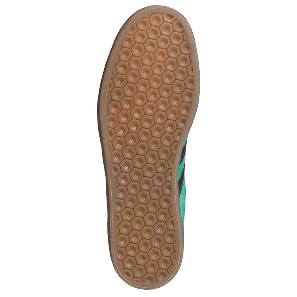 The image shows the bottom view of the KI3206 Green Black Gazelle ADV Adidas Skateboarding Suede Shoes, featuring a light brown, honeycomb-patterned sole and classic silhouette—perfect for everyday adventures.