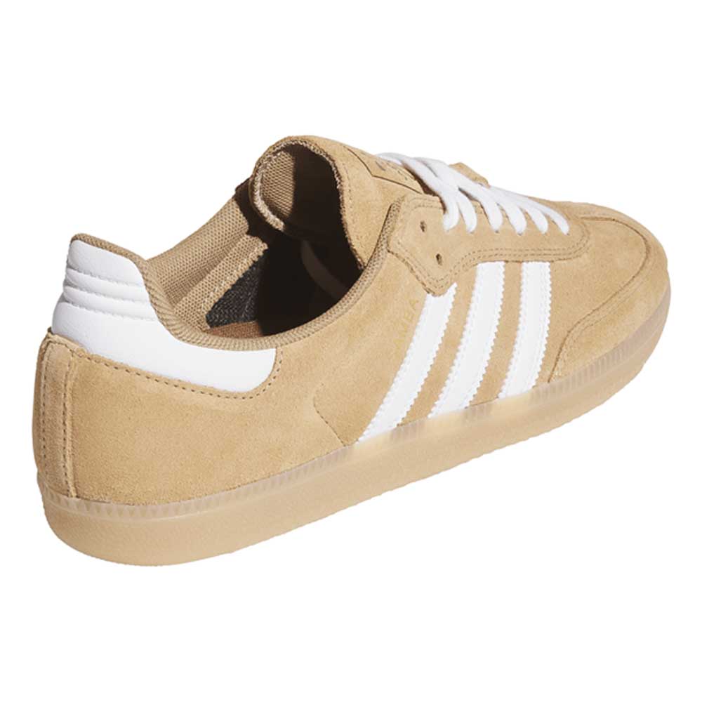 The KI5089 Tan White Samba ADV Adidas Skateboarding Suede Shoes feature a tan suede upper, iconic white stripes, heel accent, white laces, and a light brown rubber sole—delivering stylish comfort for skateboarding.