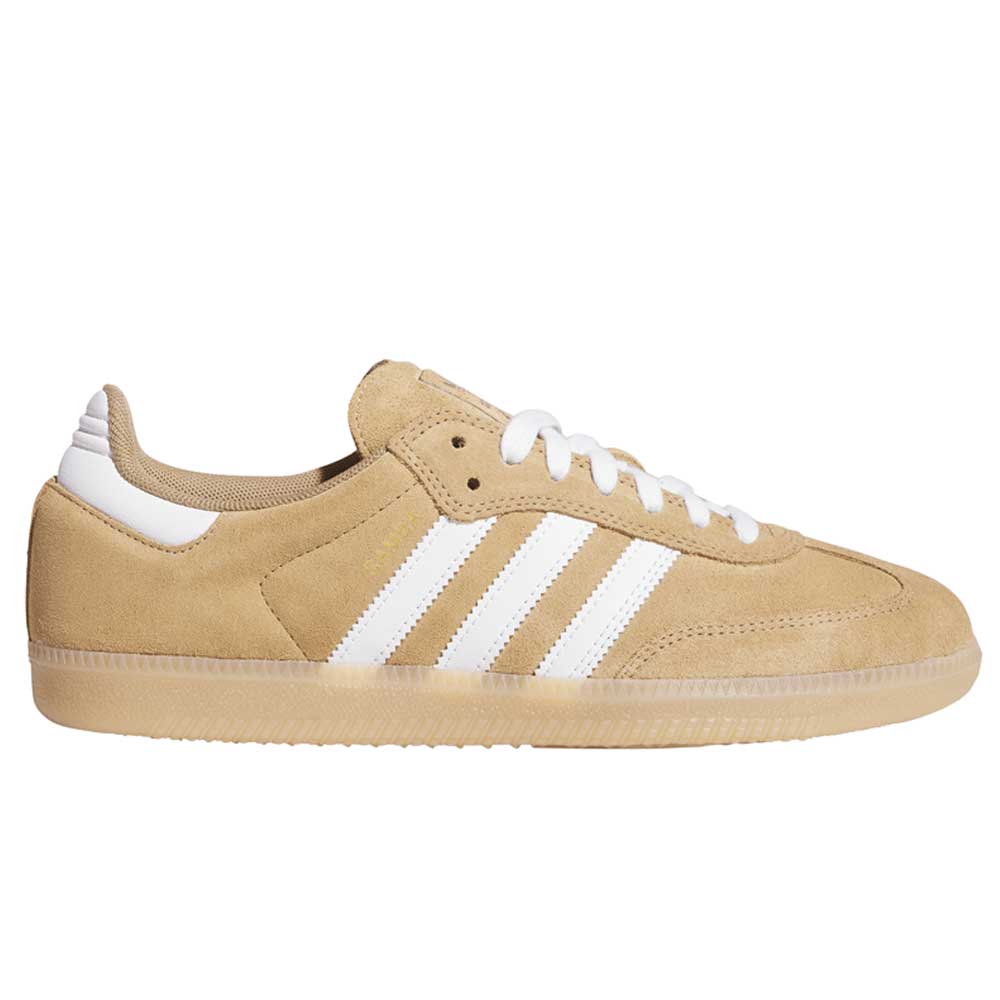 The KI5089 Tan White Samba ADV Adidas Skateboarding Suede Shoes feature white stripes, a white heel accent, tan rubber sole, and white laces. With a low-cut design inspired by Samba ADV, they offer stylish comfort perfect for skating.