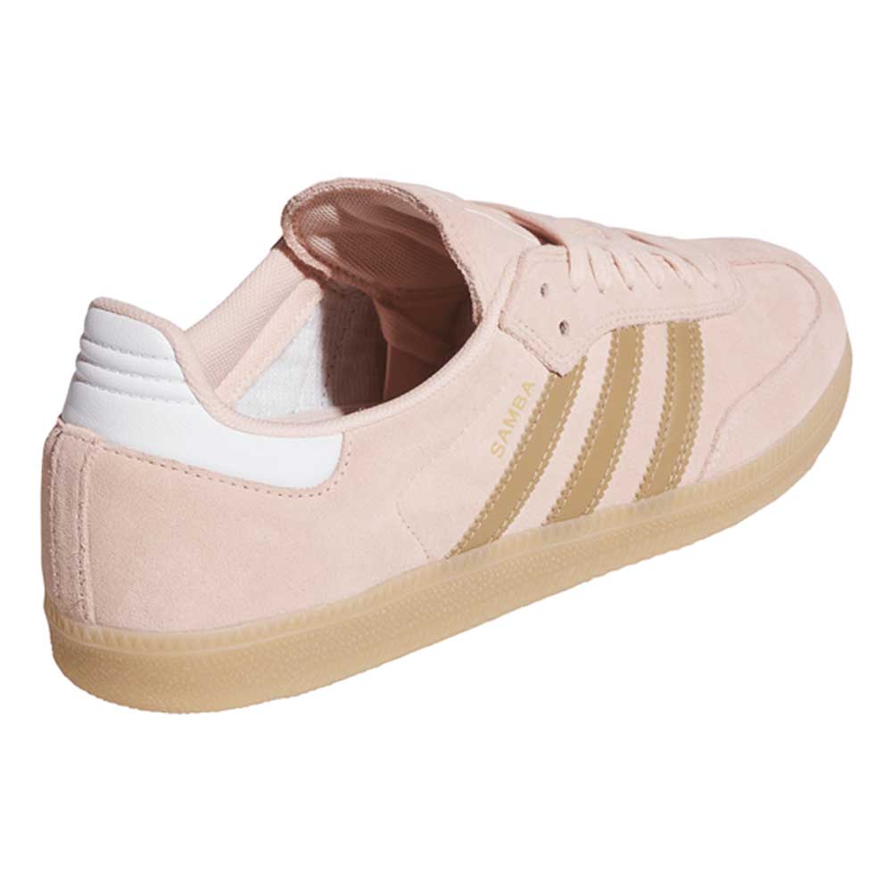 The KI5090 Pink Gum Samba ADV Adidas Skateboarding Suede Shoes feature a pastel pink upper with beige stripes, a white heel tab, and gum rubber sole—blending classic style and skate durability in one.