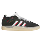 The KJ0194 Black Clear Tyshawn Adidas Skateboarding Leather Shoes feature white laces, red and white-striped accents, a beige sole, and gold "TYSHAWN" branding—blending premium style with skate performance.