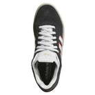 Top view of KJ0194 Black Clear Tyshawn Adidas Skateboarding Leather Shoes with white laces and tongue, red side stripes, and premium leather. Adidas logo displayed on the tongue and insole.