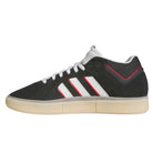 The KJ0194 Black Clear Tyshawn Adidas Skateboarding Leather Shoes feature a black leather mid-top design, white laces, white sole, three white stripes outlined in red, a white tongue, and a beige outsole.
