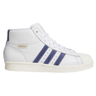 The KJ0210 White Blue Pro Model 80 ADV Adidas Skateboarding Shoes feature a leather upper, blue stripes, rubber toe cap, white laces, beige sole, and a gold Pro Model label on the side near the laces.