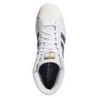Top view of the KJ0210 White Blue Pro Model 80 ADV Adidas Skateboarding leather shoe, featuring blue stripes, a gold tongue label, shell toe design, and premium leather upper for an iconic look.