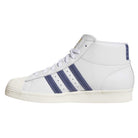 The KJ0210 White Blue Pro Model 80 ADV Adidas Skateboarding Leather Shoes feature a white leather upper, signature blue stripes, and a white rubber shell toe, shown from the side on a plain white background.