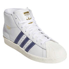 The KJ0210 White Blue Pro Model 80 ADV Adidas Skateboarding Leather Shoes feature a classic white leather upper, navy stripes, gold branding, a textured rubber shell toe, and white laces—an iconic sneaker style.