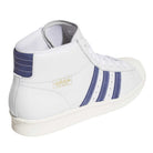 The KJ0210 White Blue Pro Model 80 ADV Adidas Skateboarding Leather Shoes feature a high-top white leather upper, blue stripes, gold branding, and a textured white sole, shown from the back.