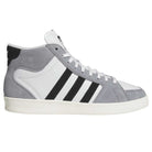 The KJ5031 Adidas Superskate Gray Black skateboarding shoes feature a white and gray high-top design with black stripes, white laces, suede upper, and a white sole—classic style photographed from the side.