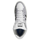 Top view of the KJ5031 Adidas Superskate Gray Black Skateboarding Shoes, featuring a white toe, gray suede sides, white laces, black side stripes, and a tongue with a black-and-white Adidas logo—a classic skate style.