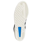 The image shows the white rubber sole of the KJ5031 Adidas Superskate Gray Black Skateboarding Shoe, with a hexagonal tread, textured edge, blue rectangle by the heel, and partly visible black stripes from the suede upper on the sides.