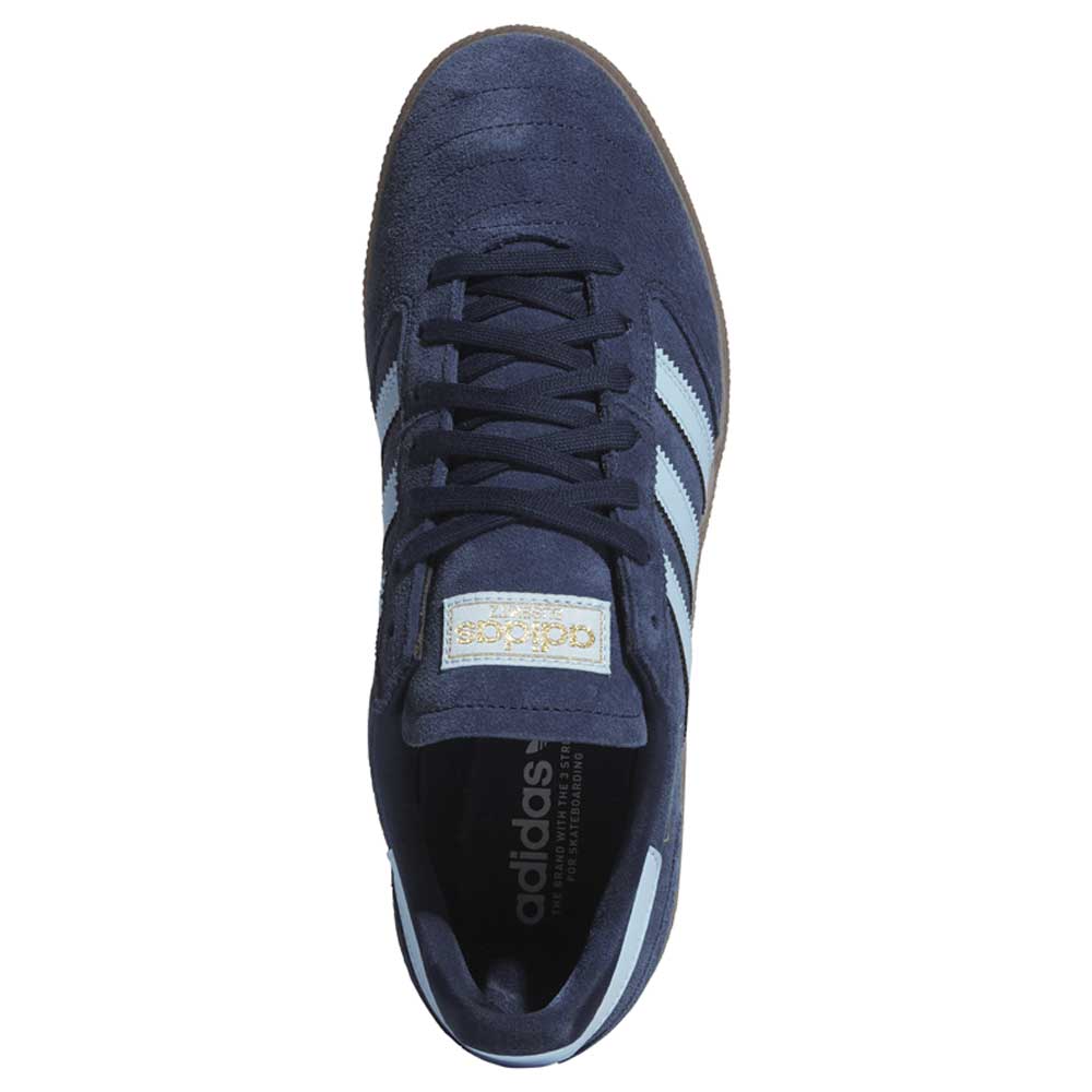 Top view of the KJ5478 Blue Gum Busenitz Vintage Adidas Skateboarding Suede Shoes, featuring navy blue suede, light blue side stripes, black laces, a brown sole, and visible Adidas branding—perfect skate park footwear.