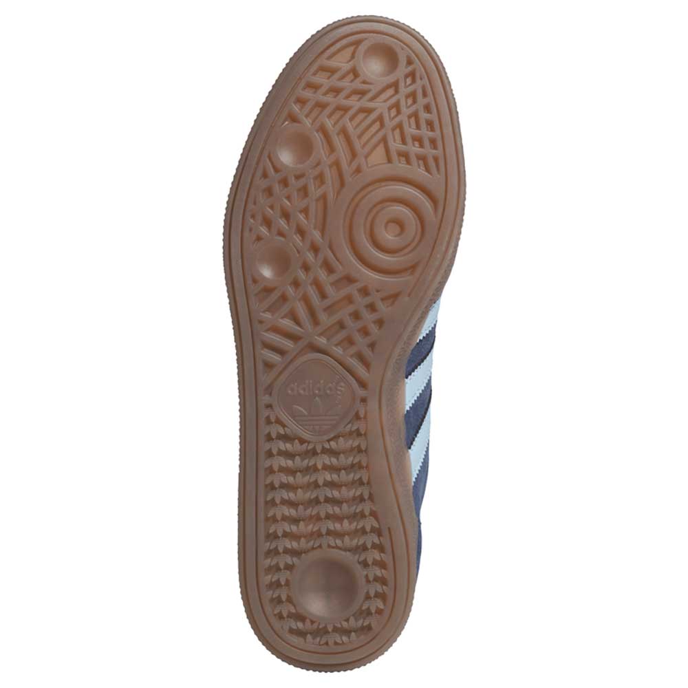 The image shows the sole of the KJ5478 Blue Gum Busenitz Vintage Adidas Skateboarding Suede Shoes, with a tan rubber tread in circular and geometric patterns for grip and the Adidas logo embossed near the heel.