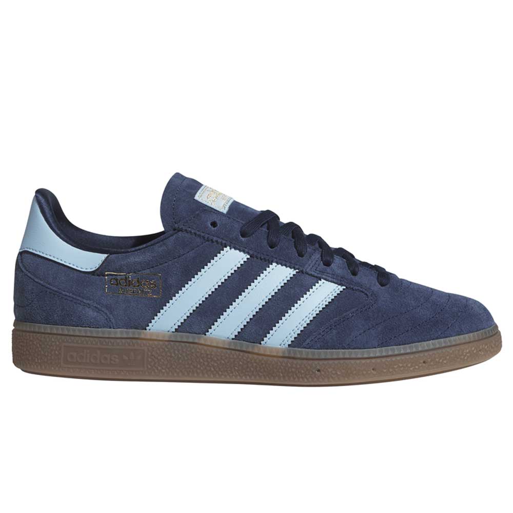 The KJ5478 Blue Gum Busenitz Vintage Adidas Skateboarding Suede Shoes feature navy blue suede, light blue stripes and heel tab, black laces, a gum sole, and gold branding—delivering classic style and skate-ready comfort every session.