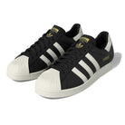 The KK5003 Black White Superstar 80 ADV Adidas Skateboarding Leather Shoes feature iconic white shell toes, three-stripe detailing, gold branding, and white soles—classic style reimagined for skateboarding.