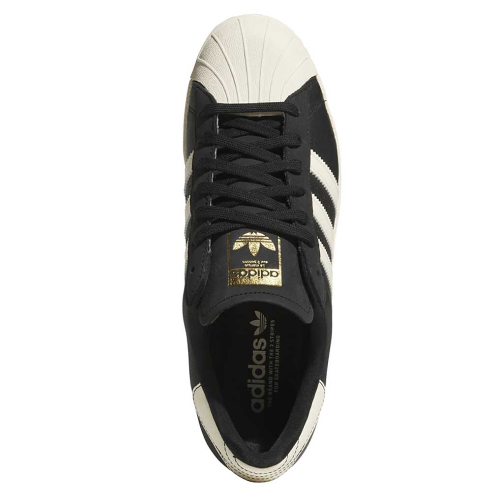 Top view of KK5003 Black White Superstar 80 ADV Adidas Skateboarding Leather Shoes, featuring a black upper, white shell toe, three white stripes, and gold adidas branding on the tongue and insole.
