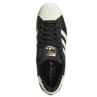 Top view of KK5003 Black White Superstar 80 ADV Adidas Skateboarding Leather Shoes, featuring a black upper, white shell toe, three white stripes, and gold adidas branding on the tongue and insole.