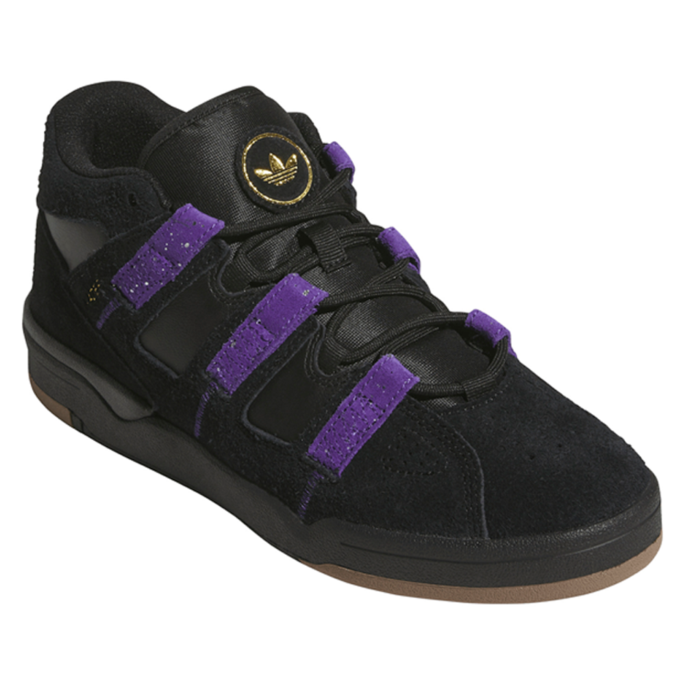 Kader Black Purple KI0408 Adidas Skateboarding Suede Leather Shoes are black suede mid-top skate shoes with purple strap details, black laces, and a gum rubber sole.