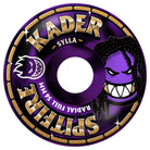 Introducing the Kader Rolly 56mm 99A Swirl F4 Spitfire Wheels—a purple skateboard wheel featuring SPITFIRE and KADER SYLLA in gold lettering, cheerful cartoon faces with big grins, eye-catching gold accents along the edge, and a 56mm diameter with a 99A durometer for an ideal combination of style and performance.