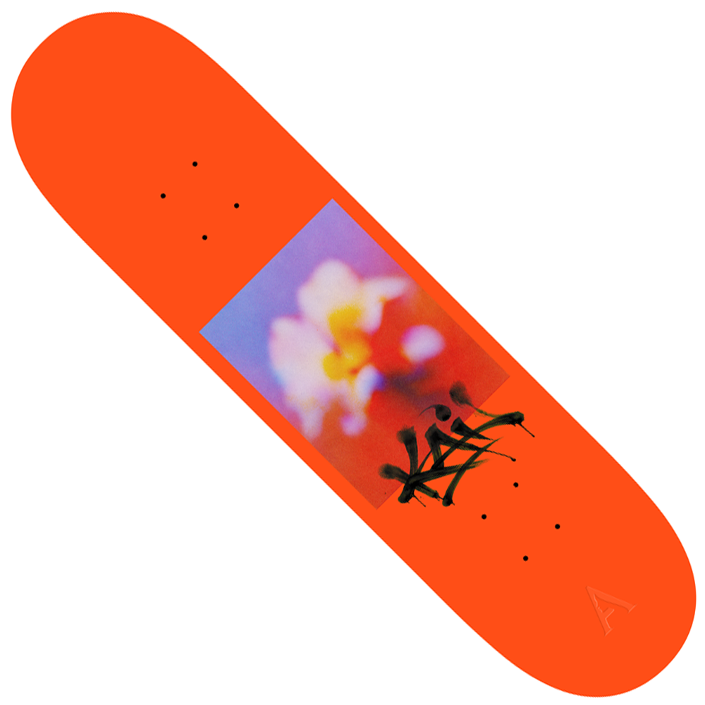The Kai Kishi 8.25 Blurred April Skateboards Deck features a premium orange popsicle design with a central blurred floral image and black abstract details—ideal for street and park skating.