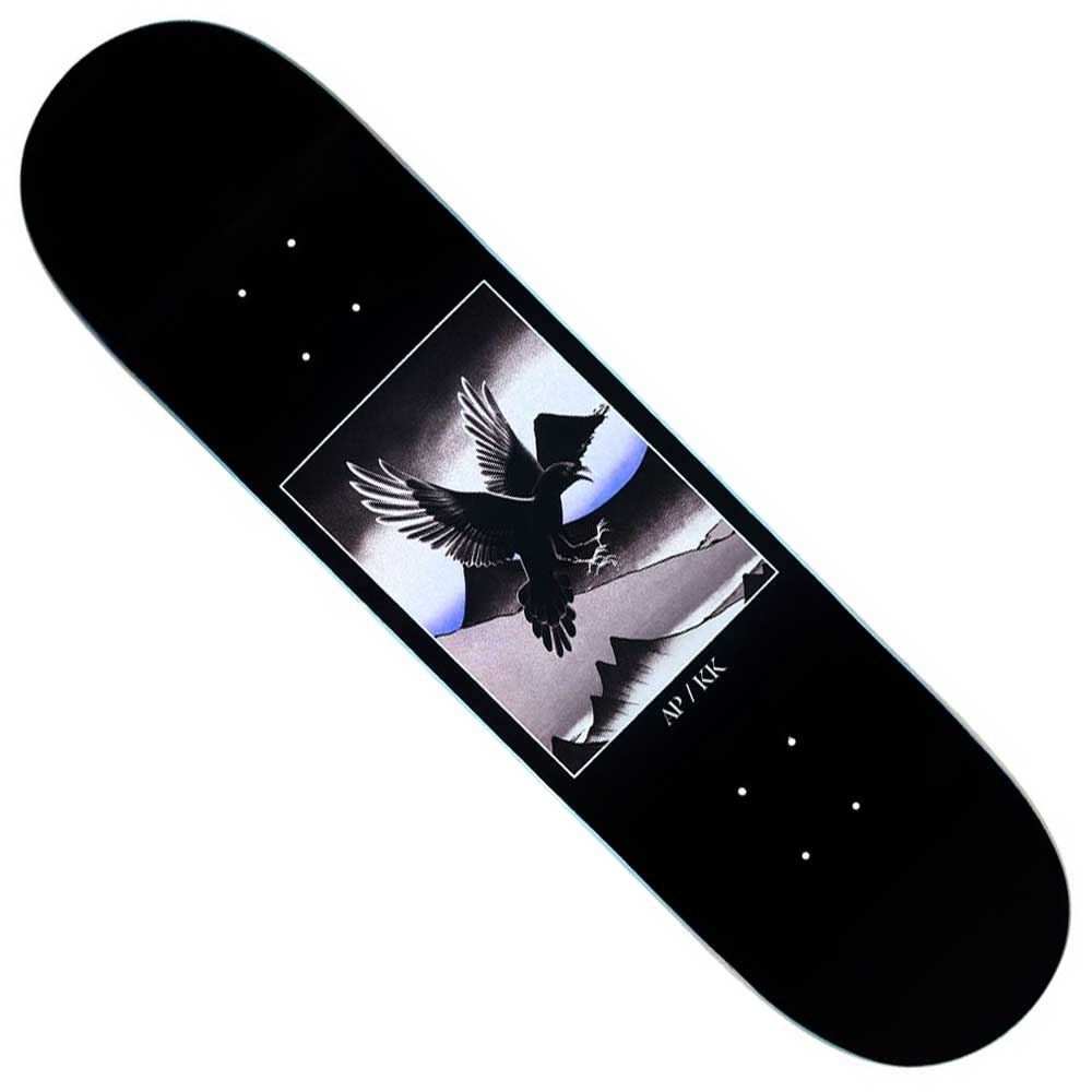 The Kai Kishi 8.25 Yatagarsu Black White April Skateboards Deck features a black bird with spread wings against a geometric mountain and crescent design, with "Avi N/AKE" below the image.