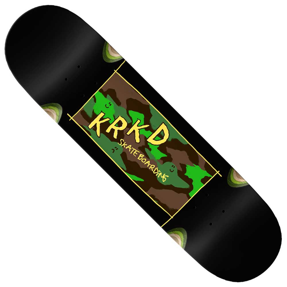 The Kamo 8.25x32 Black Wheel Wells Krooked Skateboards Deck features a green and brown camouflage design with KRKD SKATEBOARDING in bold yellow lettering across the center.