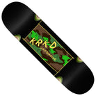 The Kamo 8.25x32 Black Wheel Wells Krooked Skateboards Deck features a green and brown camouflage design with KRKD SKATEBOARDING in bold yellow lettering across the center.
