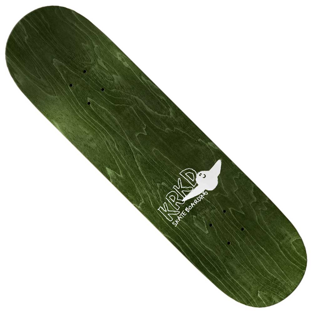 The Kamo 8.5x31.85 White Wheel Wells Krooked Skateboards Deck features a green board with a white ghost graphic and KRKD SKATEBOARDS text.