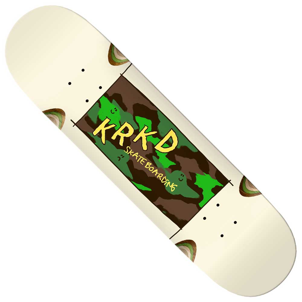 The Kamo 8.5x31.85 White Wheel Wells Krooked Skateboards Deck features white wheel wells and a green/brown camo graphic with yellow KRKD SKATEBOARDING text in the center.