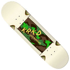 The Kamo 8.5x31.85 White Wheel Wells Krooked Skateboards Deck features white wheel wells and a green/brown camo graphic with yellow KRKD SKATEBOARDING text in the center.