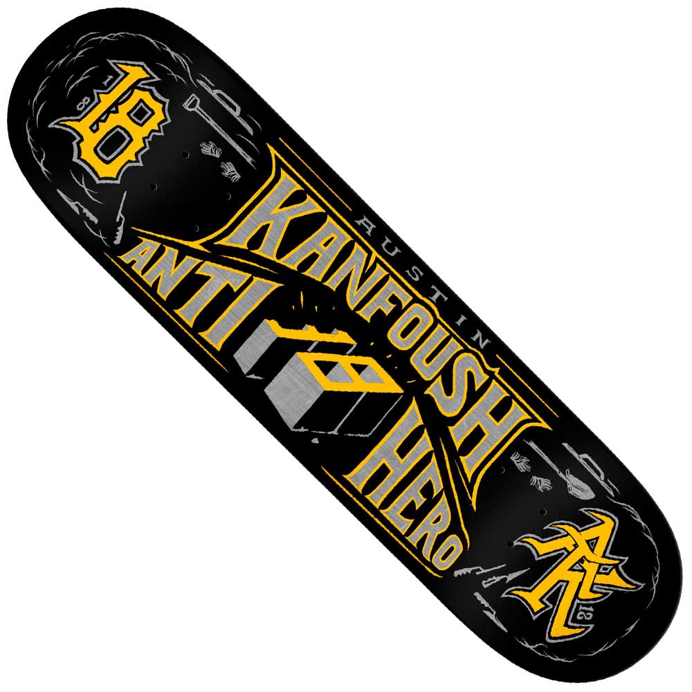 The Kanfoush Customs 8.25x32 Deck Anti Hero Skateboard features bold yellow and white graphics with "Austin Kanfoush Anti Hero," a stylized house, tools, and AK initials—a standout black deck.