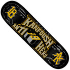 The Kanfoush Customs 8.25x32 Deck Anti Hero Skateboard features bold yellow and white graphics with "Austin Kanfoush Anti Hero," a stylized house, tools, and AK initials—a standout black deck.