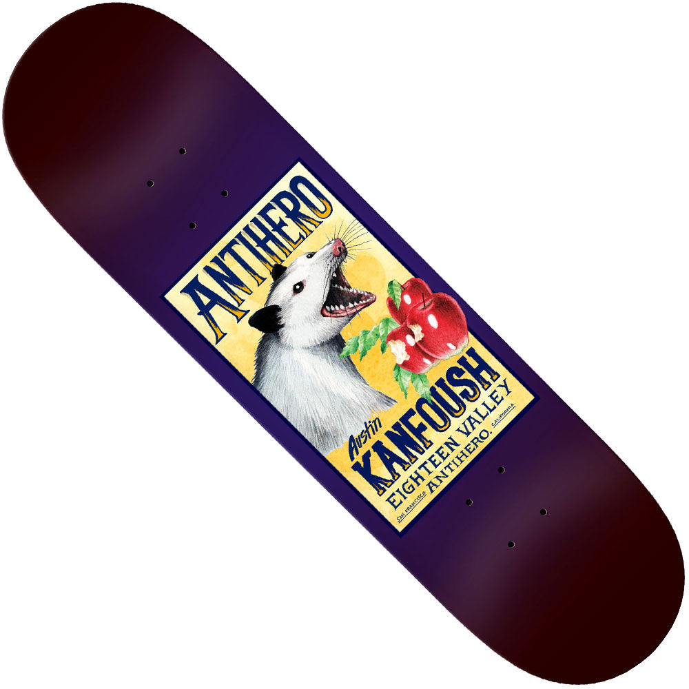The Kanfoush Homer 8.5x32.18 Anti Hero Skateboards Deck showcases an eye-catching graphic of a possum with its mouth open beside a red apple, all set against a dark purple background. The deck features the labels ANTIHERO, Austin Kanfoush, and Eighteen Valley, making it a standout piece for any collection or skateboard setup.