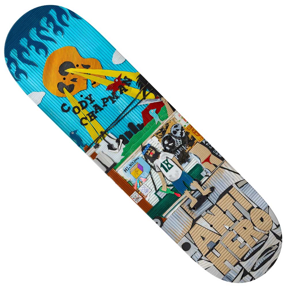 The Kenji Goto Chapman 8.75 deck from Anti Hero Skateboards showcases a vibrant design with cartoon football players, a flaming sun, a devil, and assorted objects. The bold lettering of CODY CHAPMAN and ANTI HERO makes this skateboard deck an eye-catching standout in the collection.
