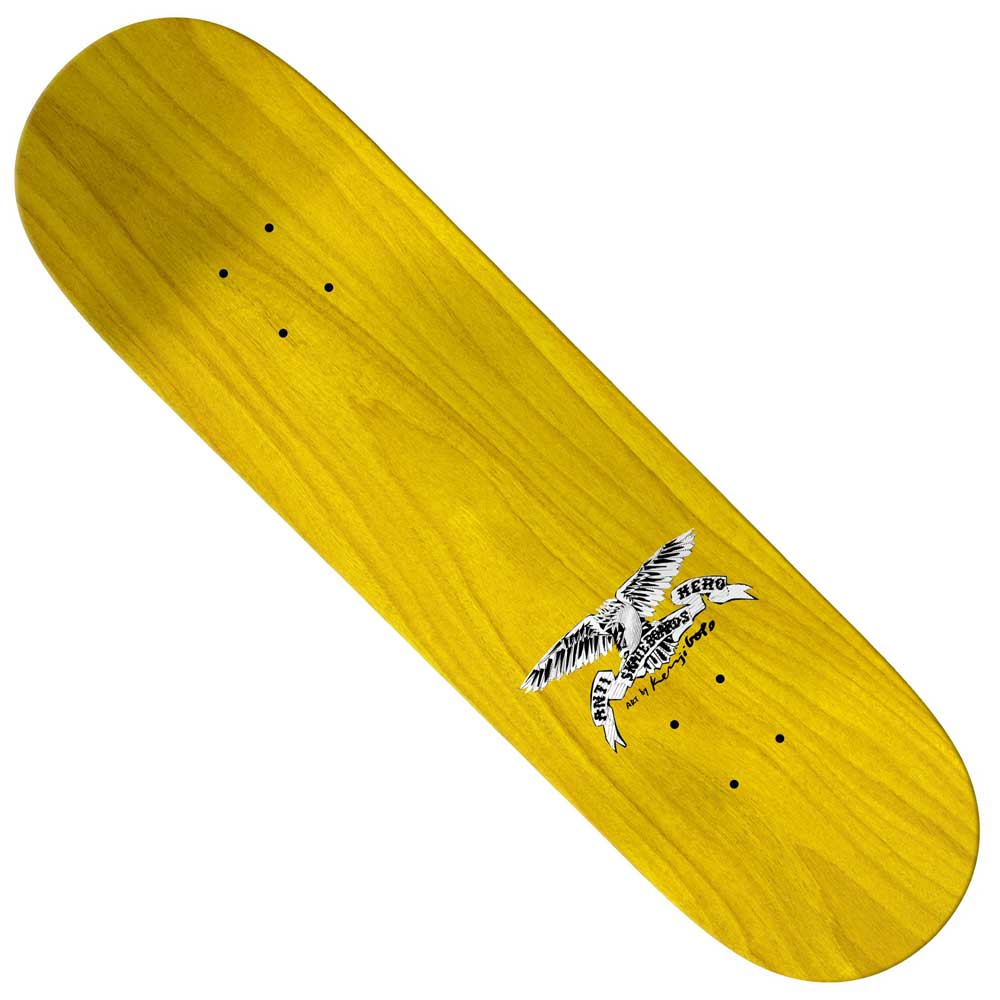 Kenji Goto Grant Taylor 8.25 Anti Hero Skateboards Deck featuring a black and white eagle graphic with ANTI HERO text on a banner in the center. This classic yellow skateboard deck from Anti Hero Skateboards comes ready for a custom setup—no wheels or trucks attached.