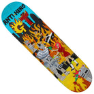 Kenji Goto Grant Taylor 8.25 Anti Hero Skateboards Deck featuring a chaotic scene of cartoon robots, a girl in red, and flames. "ANTI HERO" is displayed at the top left, with the girl seemingly battling burning robots—a bold design inspired by Grant Taylor’s fearless style.