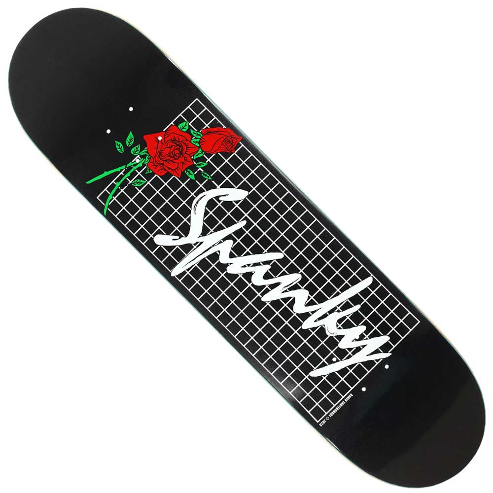 The Kevin Long 8.25x31.87 Roses Black Baker Skateboard Deck features a white grid, two red roses with green stems, and Spanky’s signature in large white script—ideal for skateboarders and collectors alike.