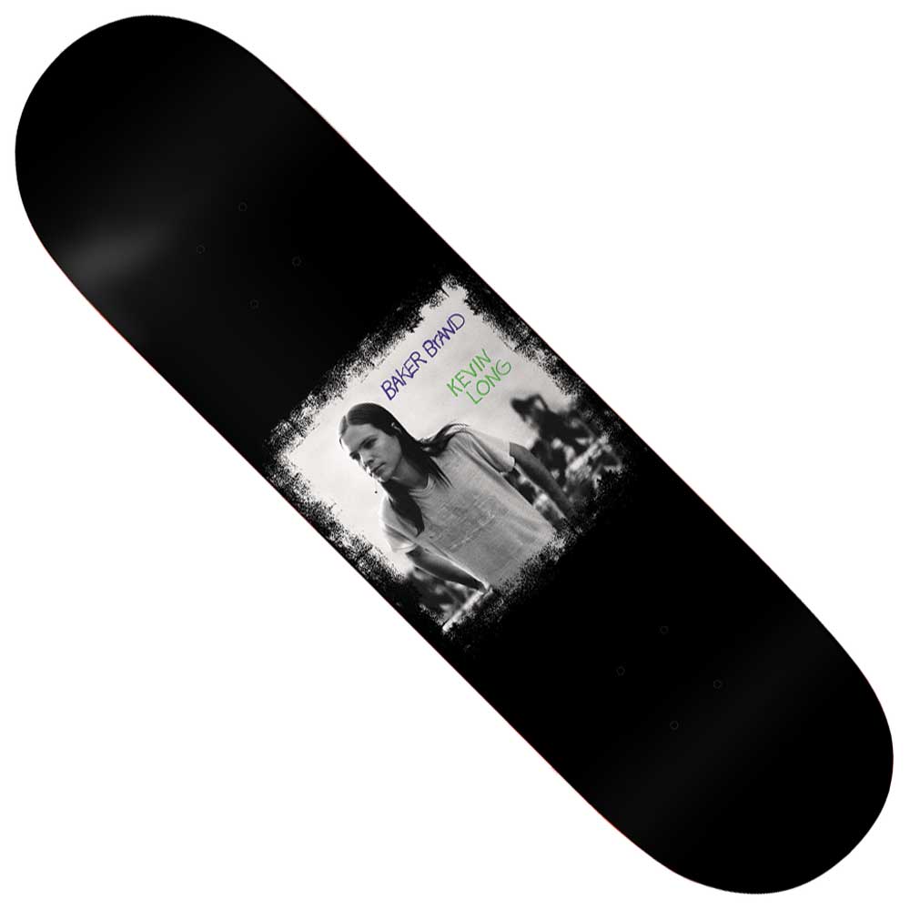 The Kevin Spanky Long Spanky Jr. 8.25 Baker Skateboards Deck features a black-and-white photo of Kevin “Spanky” Long standing outdoors, with “Baker Brand” and “Kevin Long” written above the image in vibrant purple and green text. This 8.25″ deck is perfect for fans of classic style and performance.