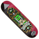 The Knibbs Cryptic Pro 8.50in x 31.60in Santa Cruz Skateboards Deck features a red and black gradient with a green eye, columns, gold scrollwork, science symbols, skulls, a KNIBBS banner, and the Santa Cruz logo at the bottom.