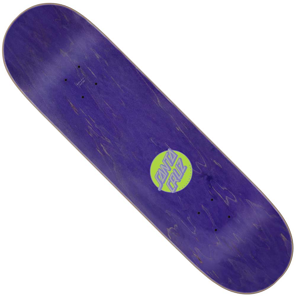 The Knibbs Reptilian Pro 8.5in x 31.6in Santa Cruz Skateboard Deck features a purple design with a green Santa Cruz logo in the center, shown from above on a white background.